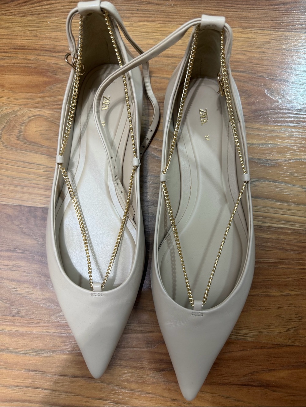 Zara Cream Pointed Slingback Flats with Gold Chain Detail
